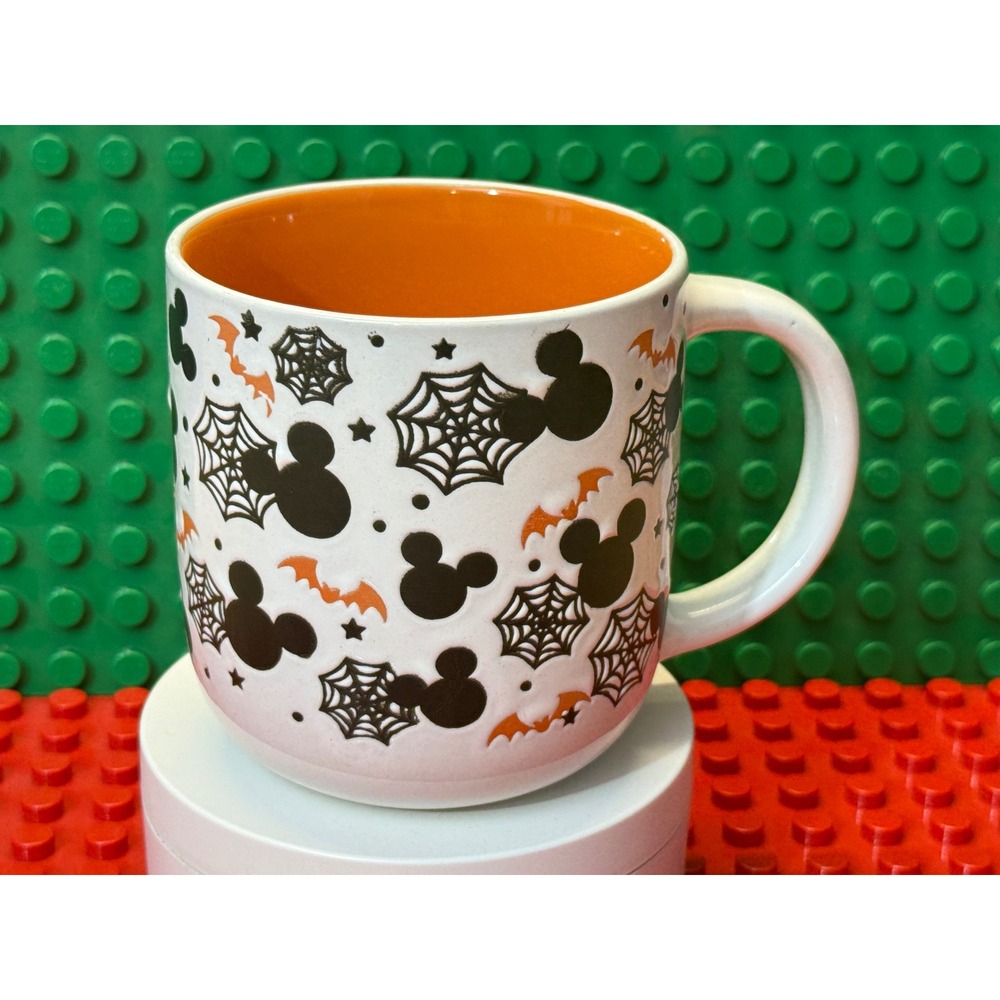 Disney Mickey Mouse Halloween Mug White Orange Spiderweb Bat Coffee Cup